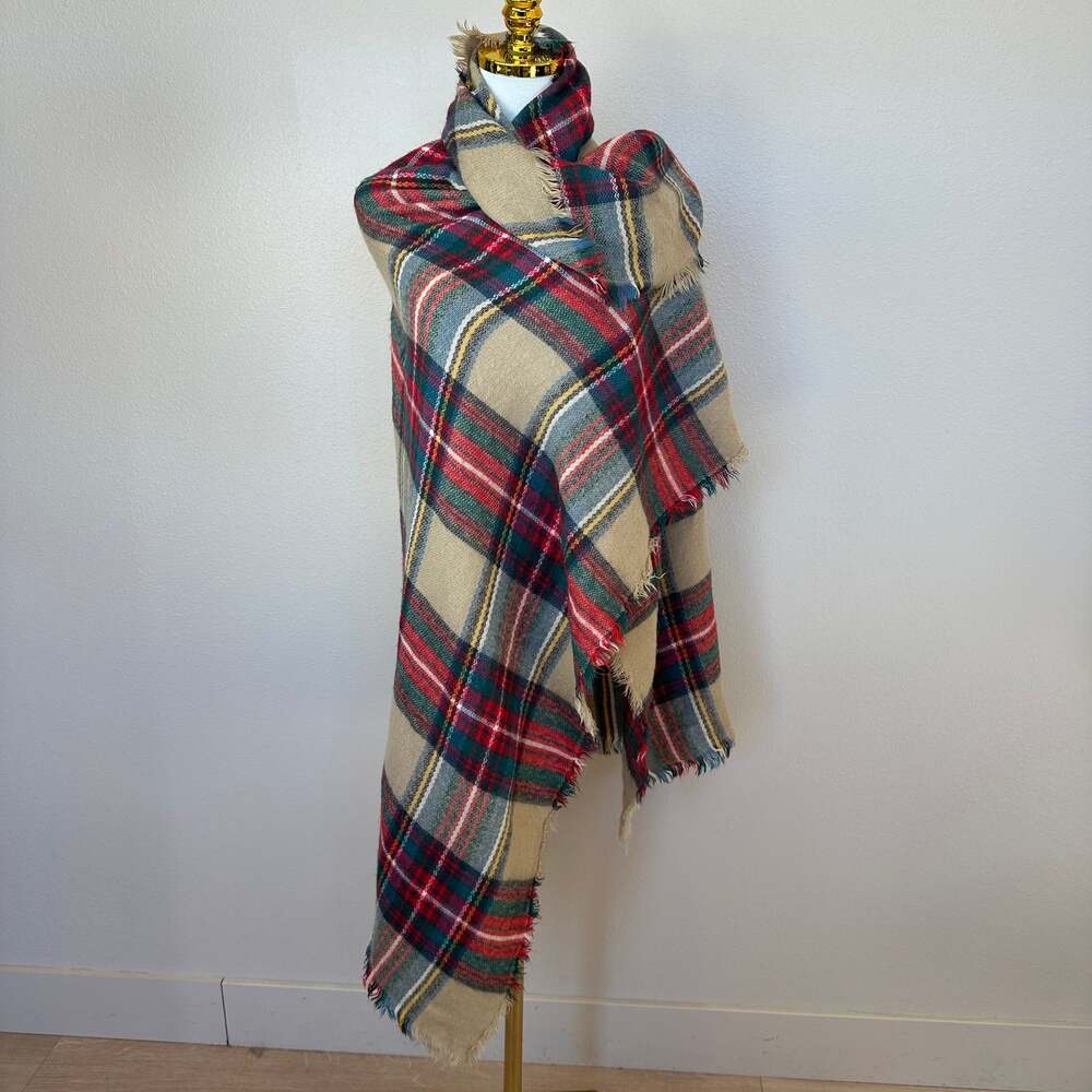 Red Black Tartan Plaid Blanket Scarf Fringe Soft Square 56x56
